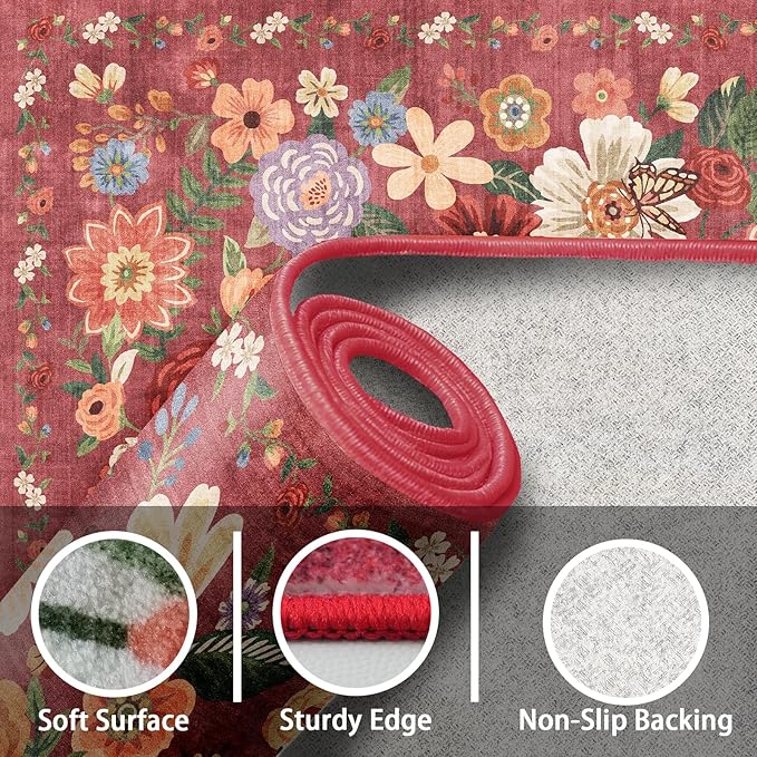 Floral Rug for Entryway, 2x3 Washable Kitchen Mat Ultra-Thin Soft, Non-Slip Indoor Door Carpet Stain Resistant Boho Small Low-Pile Throw for Bathroom Bedroom (2 x 3, Red Garden)