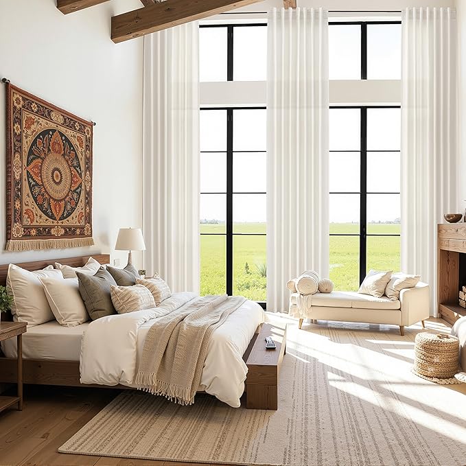 Nanspring Natural Linen Curtains for Living Room 144 Inches Long Back Tab Light Filtering Semi Sheer Curtain Rustic Farmhouse Decor Long Floor to Ceiling High Window for Bedroom 52x144, 2 Panels