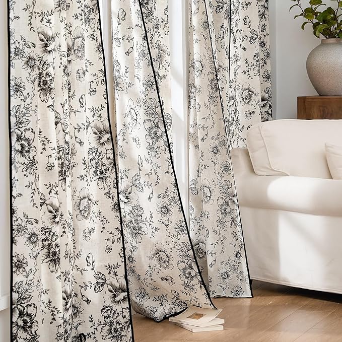 jinchan Linen Blend Floral Curtains French Country Curtain for Living Room 90 Inch Length Black Printed Curtain Rod Pocket Back Tab Farmhouse Peony Flower Patterned Drapes Window Curtains Set 2 Panels