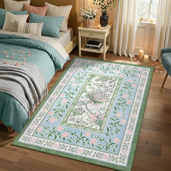 GarveeHome Blue Green Pink Washable 5x7 Area Rugs, Botanical Grove Vintage Cottage core Non-Slip Rug for Bedroom Living Room Nursery Kitchen Low-Pile Retro Carpet