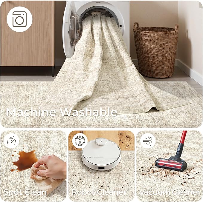 2x7 Runner Rug Non Slip, Thin Entryway Washable Rug for Entryway, Runners for Hallways, Low Pile Vintage Abstract Soft Rugs for Living Room, Kitchen, Bedroom(2'x7', Beige/Ivory)