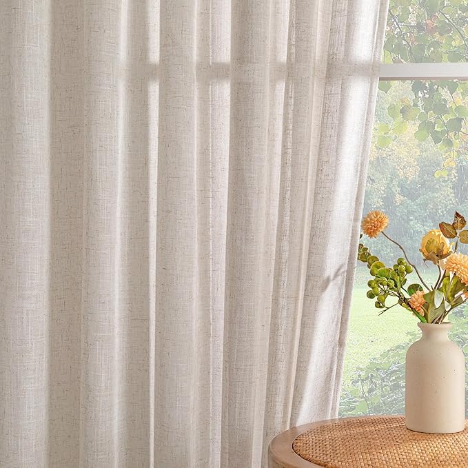MYSKY HOME Extra Long Linen Curtains for Living Room, Soft Boho Window Curtain Drapes for Sliding Glass Door Light Filtering Semi Sheer Backdrop Panels, 50 x 102 Inches, Natural Linen, 2 Pieces