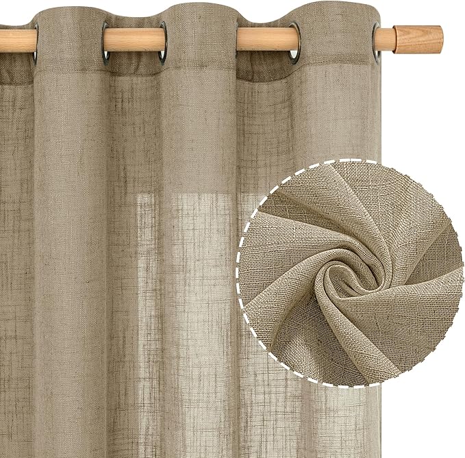 LAMIT Taupe Linen Sheer Curtains 54 Inches Long, Light Filtering Panels Bronze Grommet Country Decor Drapes for Bathroom/Window/Bedroom, 2 Panels Set, 52 x 54 Inch