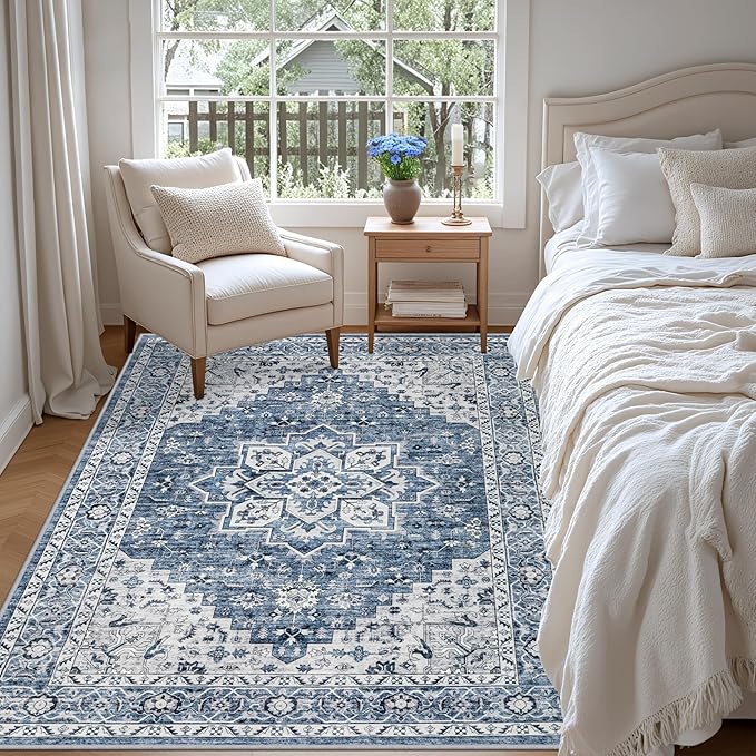 5x7 Area Rugs Living Room Rug: Washable Vintage Boho Medallion Rug No Slip Stain Resistant Soft Carpet Indoor Floor Large Carpets for Bedroom Dining Room Farmhouse Nursery Hallway Home Office Blue