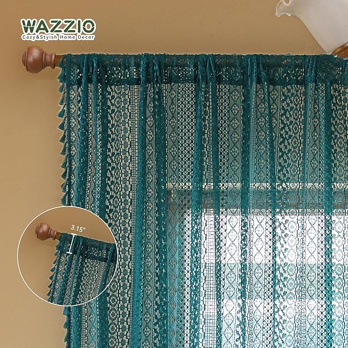 WAZZIO Boho Lace Curtains 84 Inches 2 Panel,Light Filtering Privacy Tassel & Geometry Crochet Semi Sheer Curtain Drapes for Bedroom Living Dining Room,Rod Pocket & Tassel,Coastal Style,Teal