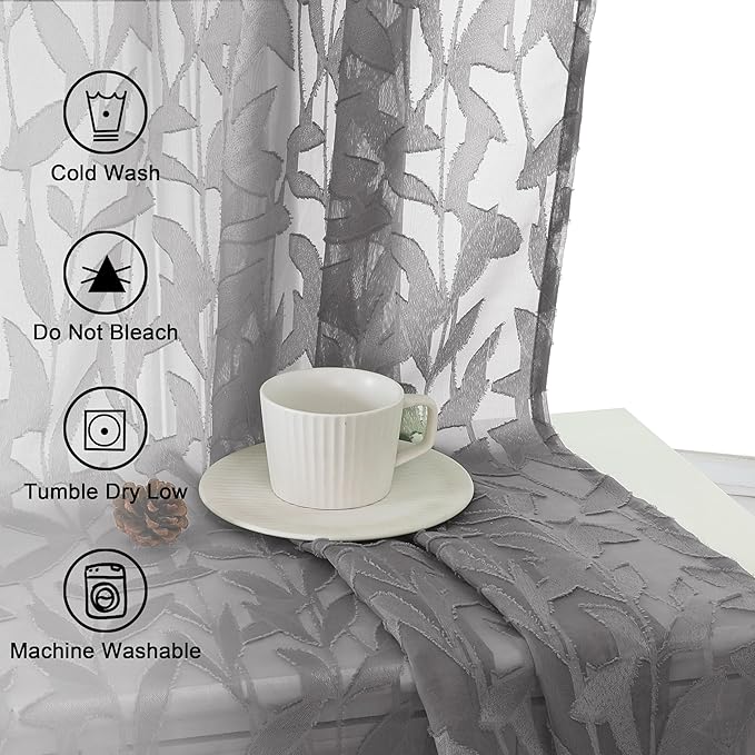 Lecloud Leia Charcoal Grey Sheer Curtains 54 Inch Length 2 Panels, Voile Light Filtering Privacy Jacquard Leaf Textured Curtains, Dual Rod Pockets Drapes for Living Room Bedroom, Each 42" W x 54" L