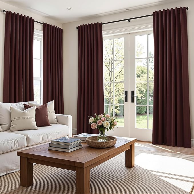 Guken Reddish Brown 100% Blackout Linen Curtains 120 Inch Length 2 Panels Set for Living Room Bedroom Back Tab/Rod Pocket Thermal Insulated Farmhouse Black Out Drapes Room Darkening,52x120