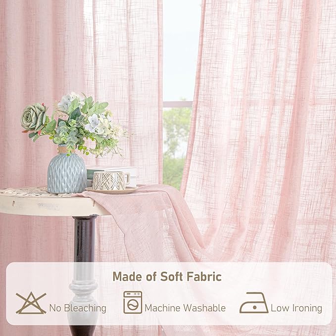 LAMIT 40 Inch Length Linen Curtains for Small Windows, Semi Sheer Light Filtering Panels Back Tab and Rod Pocket Neutral Drapes for Basement/Window/Kids Room, Pink, 2 Panels, 34 x 40 Inch