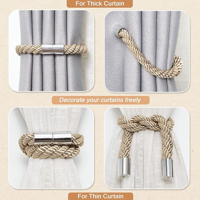 NICEEC 4 Pack Strong Magnetic Curtain Tiebacks Modern Simple Style Drape Tie Backs Convenient Decorative Weave Rope Curtain Holdbacks for Thin or Thick Home & Office Window Draperies (Khaki)