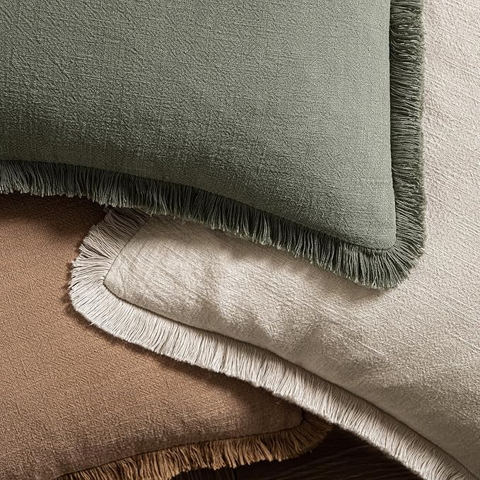 MIULEE Decorative Throw Pillow Covers Neutral Linen Fringe Throw Pillows Set of 2 Brown Boho Farmhouse Cushion Covers with Tassels for Couch Sofa Bed Living Room Spring Home Decor 18x18 Inch