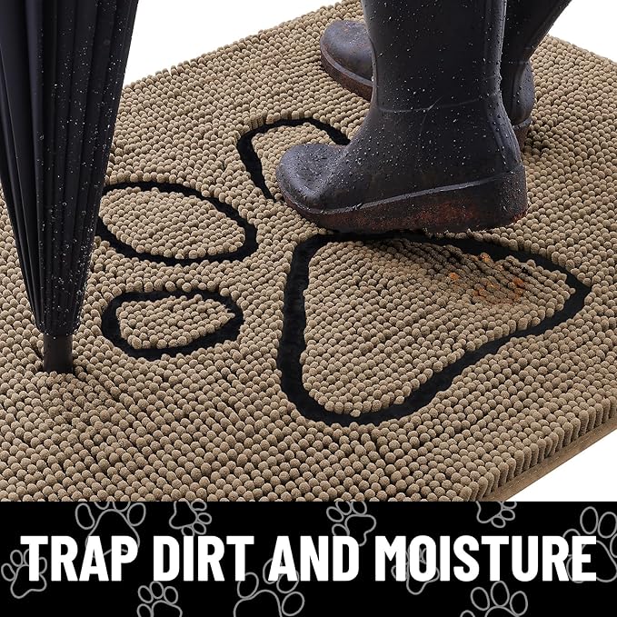 Smiry Dog Door Mat for Muddy Paws, Absorbent Dirt Trapper Non Slip Quick Dry Washable Chenille Mat for Mud Dogs, Entry Rug for Indoor and Outdoor (59x24 Inches, Camel and Black)