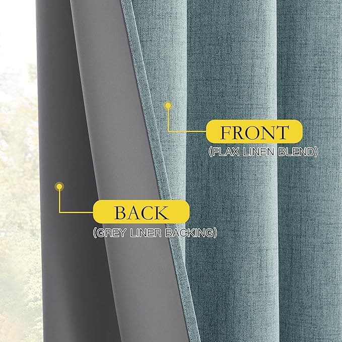 NICETOWN 100% Absolutely Blackout Linen Curtains with Thermal Insulated White Liner, Skylark Blue, 52" Wide, 108" Length Energy Saving Curtains for Living Room 2 Panels Set, Vertical Blinds