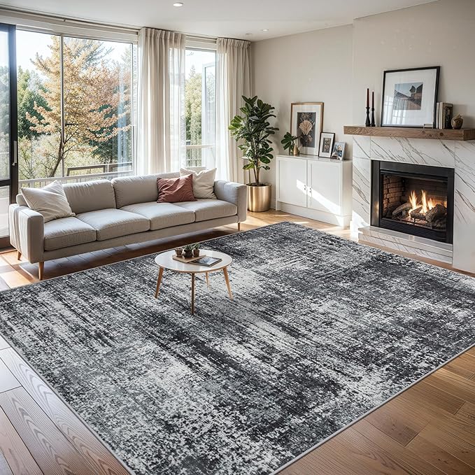 Area Rugs Living Room Rug - 5x7 Washable Modern Abstract Soft Neutral Non-Slip Carpet Large Indoor Floor Thin Carpets for Bedroom Dining Room Farmhouse Nursery Home Office Dark Black