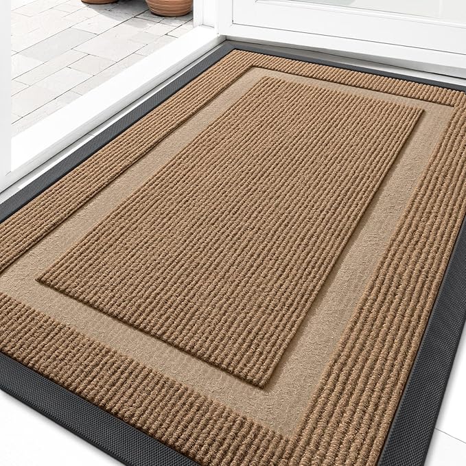 OLANLY Front Door Mat Indoor Outdoor Entrance, Waterproof All-Season, All-Weather Doormat, Sturdy Natural Rubber, Fade Resistant, Low Profile, Easy Clean Patio Porch Entryway Mat, 33x21, Light Brown