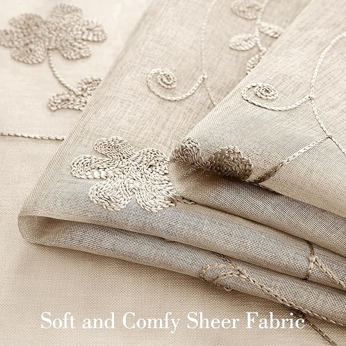 HOMEIDEAS Taupe Sheer Curtains 96 Inches Long 2 Panels Beige Embroidered Floral Pattern Semi Sheer Window Curtains for Bedroom Living Room