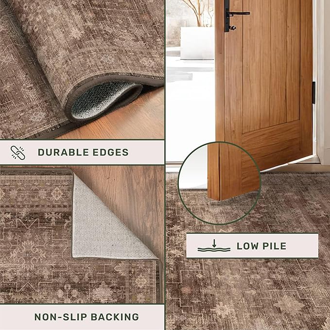 Hazo Haus Brown Rug for Living Room 10x12 - Large Vintage Western Eclectic Unique Neutral Taupe, Washable Low Pile Non-Slip Area Rug for Dining Under Table, Bedroom Under Bed, Home Office