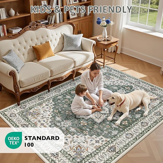 6x9 Area Rugs Living Room Rug: Washable Vintage Boho Medallion Rug No Slip Stain Resistant Soft Carpet Indoor Large Carpets for Bedroom Dining Room Farmhouse Nursery Hallway Home Office Green Ivory