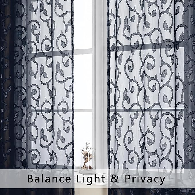 OWENIE Furman Sheer Curtains 54 Inch Length 2 Panels Set for Living Room Bedroom, Airy Jacquard Clip Short Curtains for Small Window, Rod Pocket Bathroom Window Curtain Each 42W inch 54L, Navy Blue