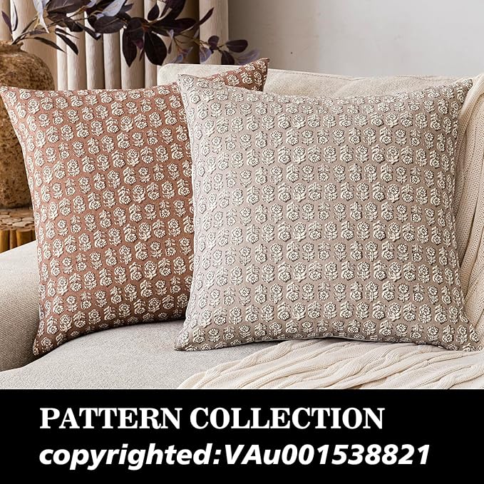 Foindtower Set of 2 Decorative Neutral Floral Print Throw Pillow Covers Vintage Farmhouse Cushion Covers Boho Home Decor for Sofa Chair Couch Bedroom Living Room,18×18 Inch,Light Orange Brown