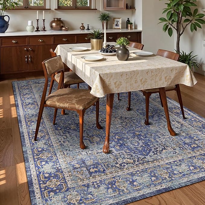 Washable Area Rug 4' x 6' Vintage Traditional Persian Mat - Foldable Distressed Non-Slip Machine Washable Carpet for Living Room Bedroom Kitchen Home Decor - Indigo and Gold