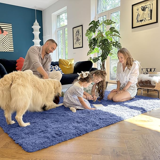 OLANLY 6x9 Machine Washable Large Area Rugs for Living Room, Bedroom, Soft Fluffy Shaggy Bedside Rug, Indoor Floor Carpet for Kids Girls and Boys, Dorms, Nursery, Home Decor Aesthetic, Denim Blue