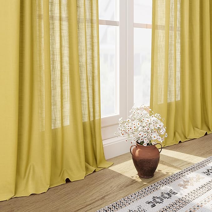 Celery Yellow Linen Curtains 102 Inches Long 2 Panel Set Back Tab Rod Pocket Semi Sheer High Window Drapes Light Filtering Burlap Look for Neutral Farmhouse Decor Curtain in Living Room 52x102