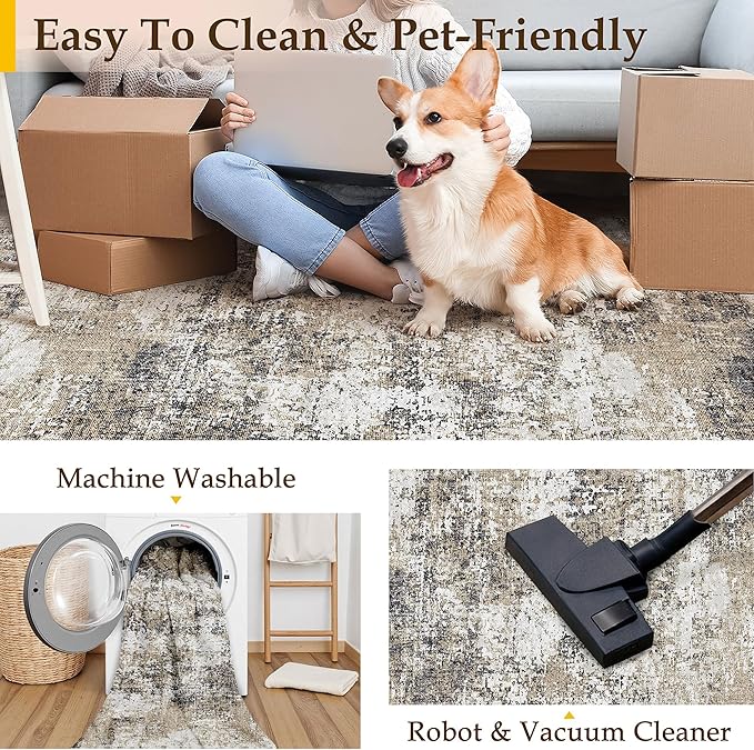 3x5 Abstract Area Rug Brown Washable Modern Neutral Office Carpet Non Slip Ultra Soft Indoor Entry Low Pile Small Door Mat Bedroom Contemporary Throw Rug for Kitchen Laundry Dinging Room