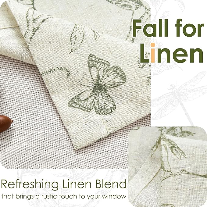 jinchan Floral Curtain Valance for Windows 16 Inch Linen Valance for Kitchen Living Room Rustic Cottage Farmhouse Flower Butterfly Curtain Rod Pocket 1 Panel Double Layer Blackout Green on Beige