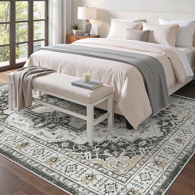 Madane 5x7 Area Rugs for Living Room, Stain Resistant Washable Rug, Non-Slip Backing Area Rug, Vintage Home Decor Rug for Bedroom (Black, 5'x7')