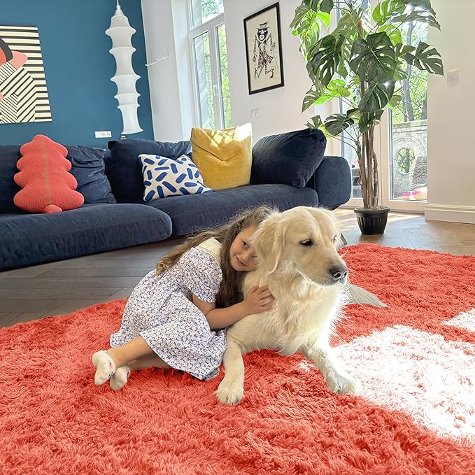 OLANLY 2x4 Machine Washable Runner Rugs for Hallway, Soft Fluffy Shaggy Bedside Rugs for Bedroom, Living Room, Indoor Floor Carpet for Kids Girls and Boys, Home Decor Aesthetic, Coral Red