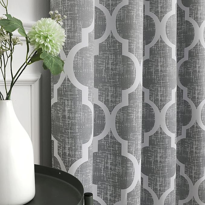 Beauoop Lattice Blackout Window Valance Curtain Panels Thermal Insulated Noise Reduction Drapes for Kitchen Cafe Living Room Quatrefoil Window Treatment Sets Rod Pocket, 50W x 18L, Gray, 1 Panel