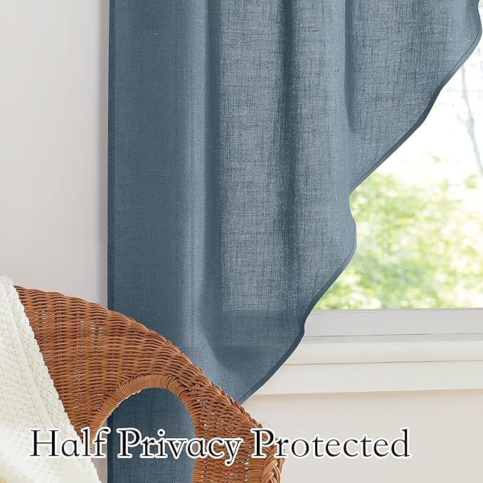 RYB HOME Kitchen Window Curtains Valances - Light Filter Semi Transparent Short Curtains for Small Window, Bathroom, Basement, Cafe, Living Room, Home Decor, W 36 x L 63, Stone Blue, 1 Pair