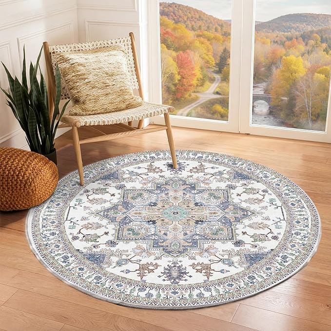 OPPODREAM Soft Round Rug 4ft, Washable Circle Rug 4ft with Non Slip Backing Play Room, Low-Pile Carpet 4 ft, Small Faux Cashmere Throw Carpet, Purple & Green & Cream