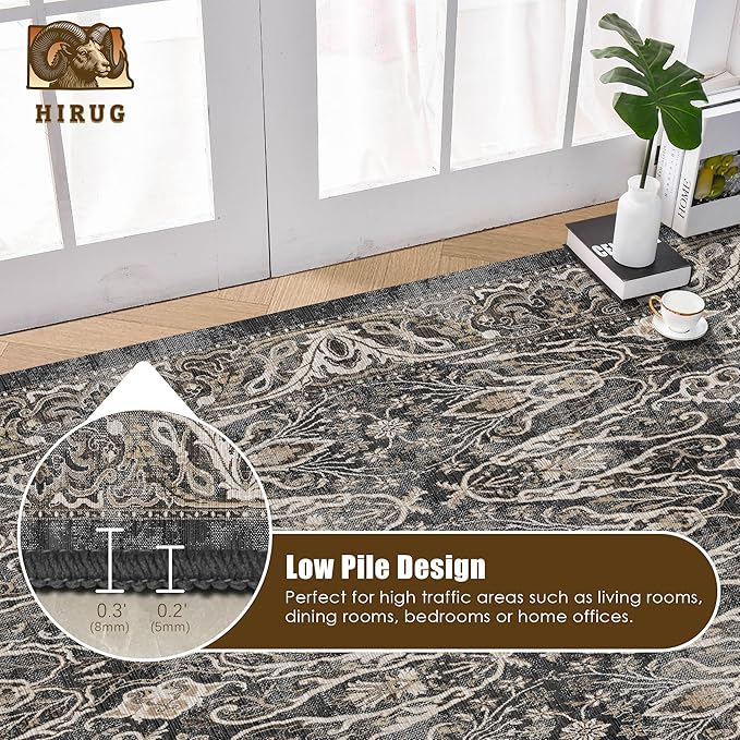 Washable Area Rug 8' x 10' Vintage Traditional Persian Mat - Foldable Distressed Non-Slip Machine Washable Carpet for Living Room Bedroom Kitchen Home Decor - Ebony and Taupe