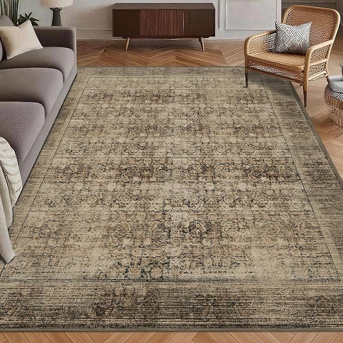 Washable Area Rug 3' x 5 ' Vintage Traditional Persian Mat - Foldable Distressed Non-Slip Machine Washable Carpet for Living Room Bedroom Kitchen Home Decor - Mocha and Taupe