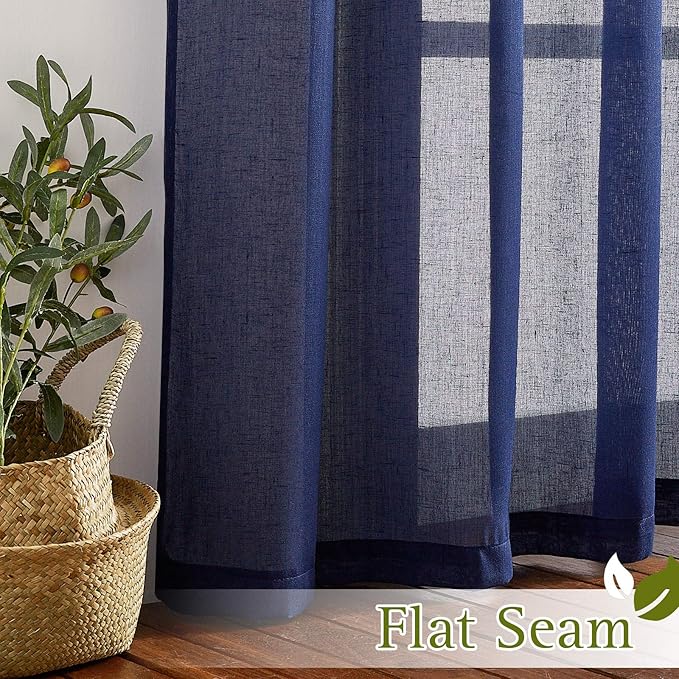 NICETOWN Dark Blue Flax Sheer Linen Curtains for Windows, Grommet Top 45" Length Natural Linen Blend Sheer Drapes Semitransparent Privacy Panels for Farmhouse/Bedroom, 52" Wide, Set of 2