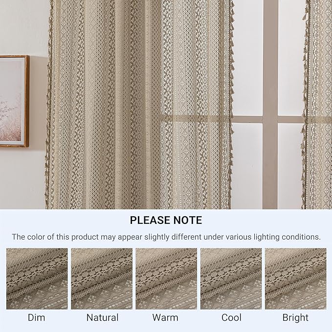 WAZZIO Boho Lace Curtains 63 Inches 2 Panel,Light Filtering Privacy Tassel & Geometry Crochet Semi Sheer Curtain Drapes for Bedroom Living Dining Room,Rod Pocket & Tassel,Earthy Color Taupe