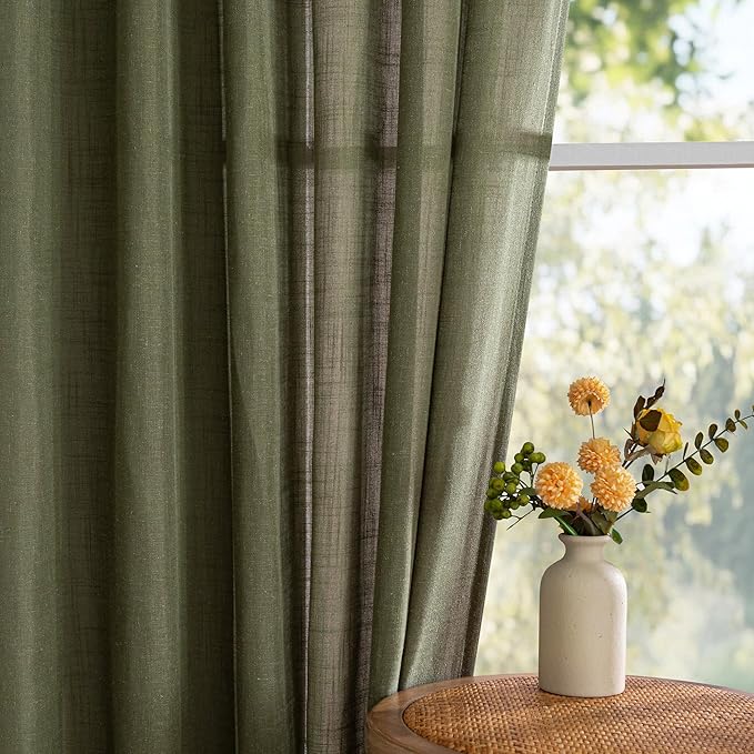 MYSKY HOME 72 Inches Long Semi Sheer Curtains Light Filtering Window Drapes Door Curtains for Closet Doorways, Short Curtain Panels Elegant Look for Classroom/Guestroom, 50" x 72", Olive Green, 2 Pcs