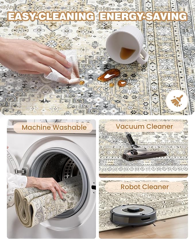 Runner Rug 2x8 Runners for Hallways Non Slip Washable, Vintage Hallway Runner Rugs for Living Room, Low Pile Soft Hallway Rug for Kitchen Bedroom Laundry Room Rug(Beige,2'x8')