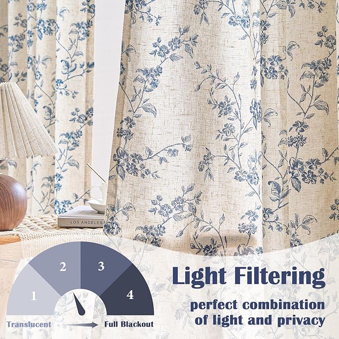 Lazzzy Linen Farmhouse Curtains Blue Floral Curtains 63 Inch Length Back Tab Drapes for Living Room Bedroom Light Filtering Country Vintage Rod Pocket Curtain, 2 Panels, Blue on Beige