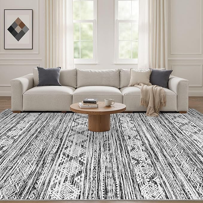 Nakagishi Bedroom Rug Area Rugs 4x6: Washable Boho Neutral Farmhouse Stain Resistant Moroccan Non-Slip Throw Carpet for Women Modern Home Enthusiast Aged 25-40 - Entryway Kitchen Bedside - Black White