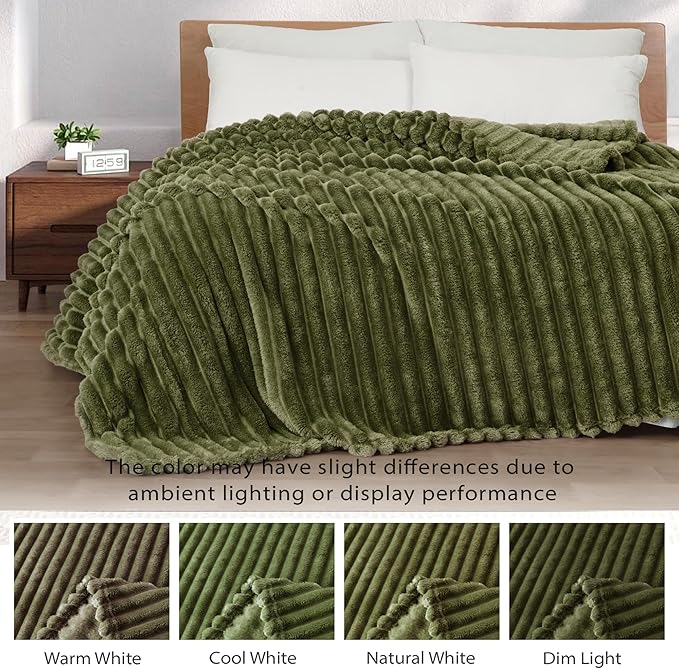 Exclusivo Mezcla Fleece Throw Blanket for Couch, Super Soft Striped Jacquard Bed Blanket, Lightweight Fuzzy Cozy for All Seasons, 50x60 Inches, Olive Green