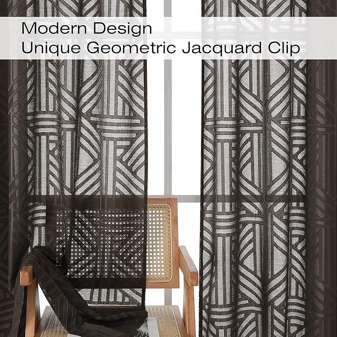 Simplebrand Chocolate Semi Sheer Curtains 84 Inches Long 2 Panels, Light Filtering Geometric Jacquard Clip Textured Sheer Curtains for Bedroom，Modern Elegant Window Curtains Drapes，42x84 inch
