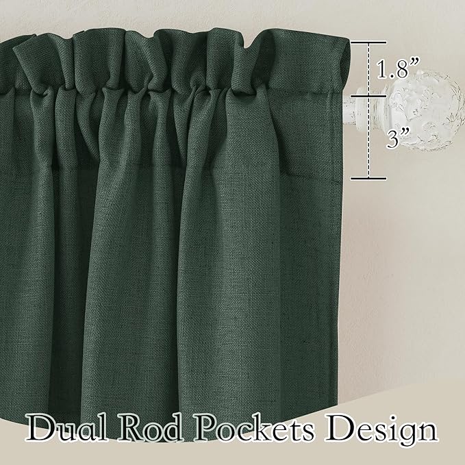 RYB HOME Semi Sheer Valances - Linen Textured Sheer Curtains Small Window Tiers Farmhouse Decor for Kitchen Bathroom Cafe Bedroom, Olive Green, Wide 52 x Long 18 inch, 2 Panels