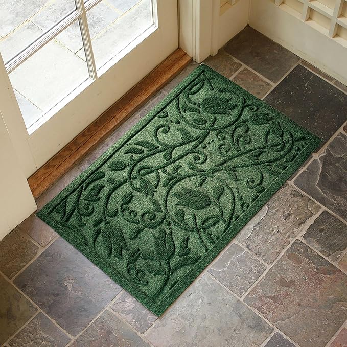 Boho Green Floral Leaves Outdoor Indoor Entrance Doormats, Absorbent Durable Heavy Duty Welcome Front Door Mat,Thick Natural Rubber Back,Easy Clean Entryway Mat 17x30 Inch, Low Profile