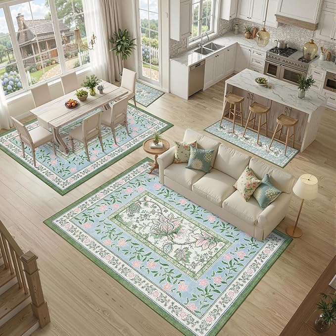 GarveeHome Blue Green Pink Area Rugs 9x12 Living Room, Botanical Grove Cottage core Washable Non-Slip Rug for Bedroom Dining Nursery Low-Pile Vintage Large Soft Carpet