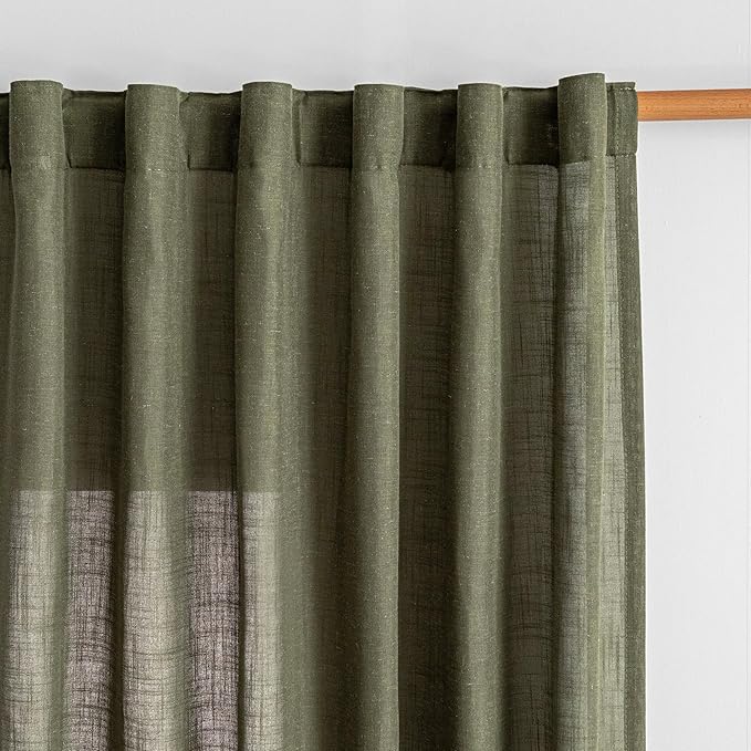 MYSKY HOME 96 Inches Semi Sheer Sliding Door Curtains Farmhouse Light Filtering Window Curtain Drapes for Patio Living Room, Extra Long Green Linen Curtains Bohemian, 50x96, Olive Green, 2 Panels