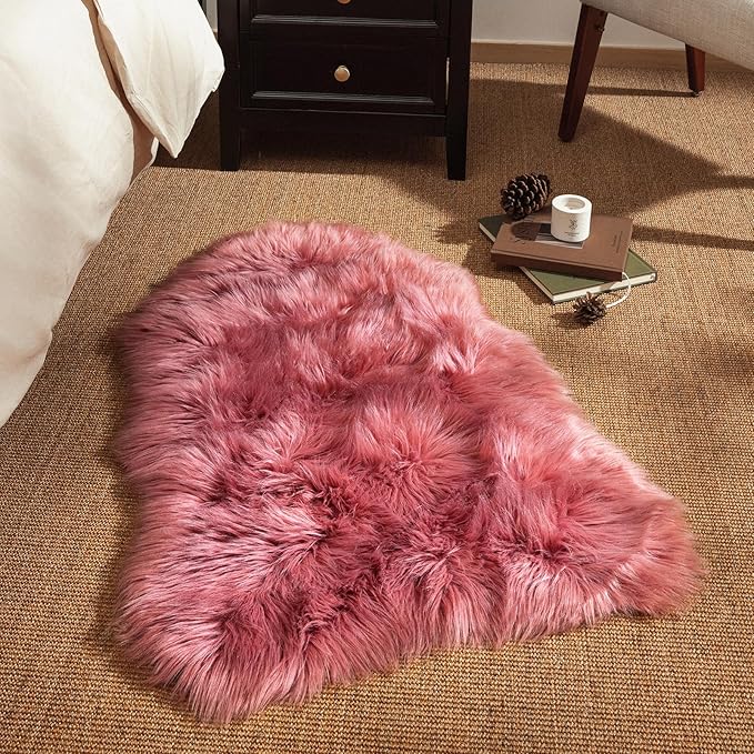 Ashler Faux Fur Area Rug - Fluffy Shaggy 2 x 3 Feet Sheepskin, Blush Pink Fuzzy Machine Washable Shag, Nursery Decor, Bedroom, Living Room, Kids Room