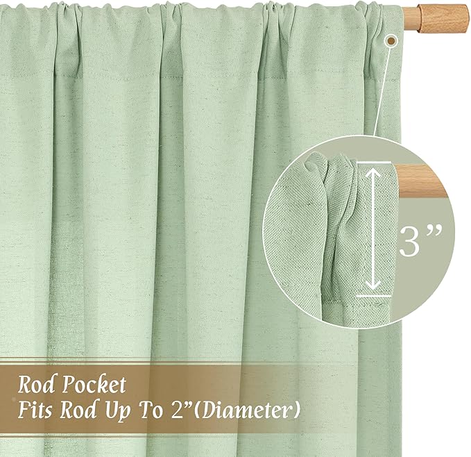LAMIT Light Green Linen Window Curtains 63 Inch Length, Light Filtering Neutral Privacy Curtain Panels Farmhouse Rod Pocket Living Room Drapes for Bedroom, 2 Panels, 52 x 63 Inch