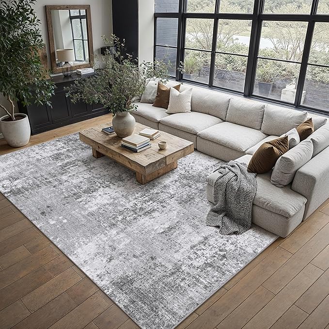 PureCozy 5x7 Grey Area Rug Washable Non Slip Modern Abstract Living Room Carpet Neutral Low Pile Soft Gray Bedroom Contemporary Throw Rug Indoor for Kitchen Office Laundry Dining Room